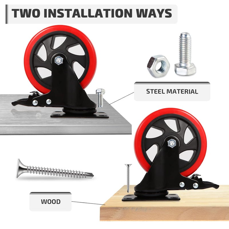 Nefish Swivel Caster Wheel for Cart, 5 Inch Industrial Casters Set of 4 - Heavy Duty Top Plate Casters with Brake 2200 Lbs, 360 Degree Polyurethane Wheels for Cart, Trolleys, Furniture, Equipment - Image 5